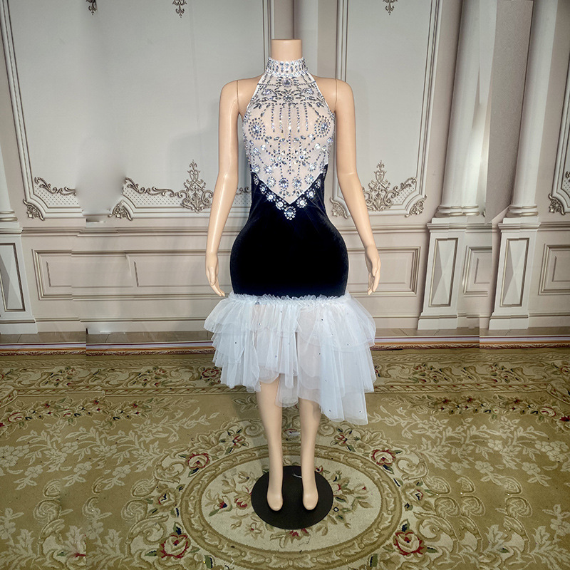 NOVANCE European and American New Sexy Diamond-studded Shiny Strapless Elegant Mesh Dress Prom Banquet Evening Dress