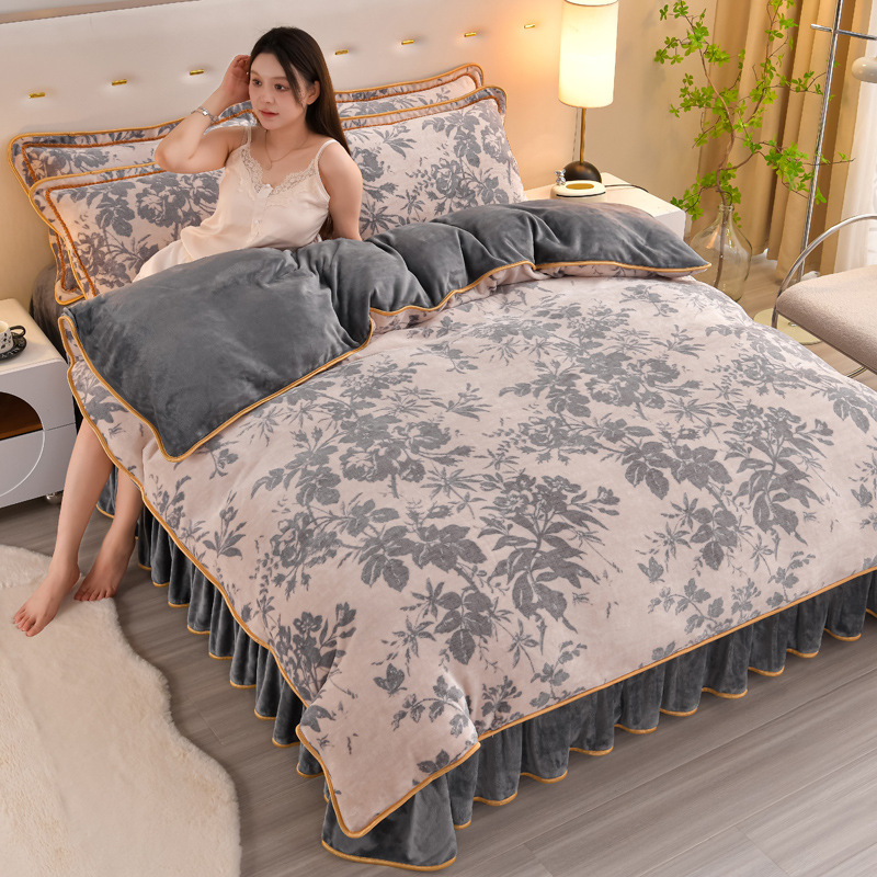 Factory Direct autumn and winter milk velvet four-piece set double-sided thickened coral velvet quilt cover high-grade Nordic style flannel