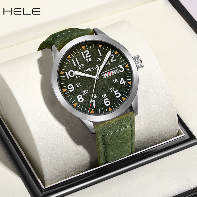 New Brand HELEI Men's Watch Genuine Leather Waterproof Luminous Wrist Watch Quartz Watch Calendar Week Display_voghion.com