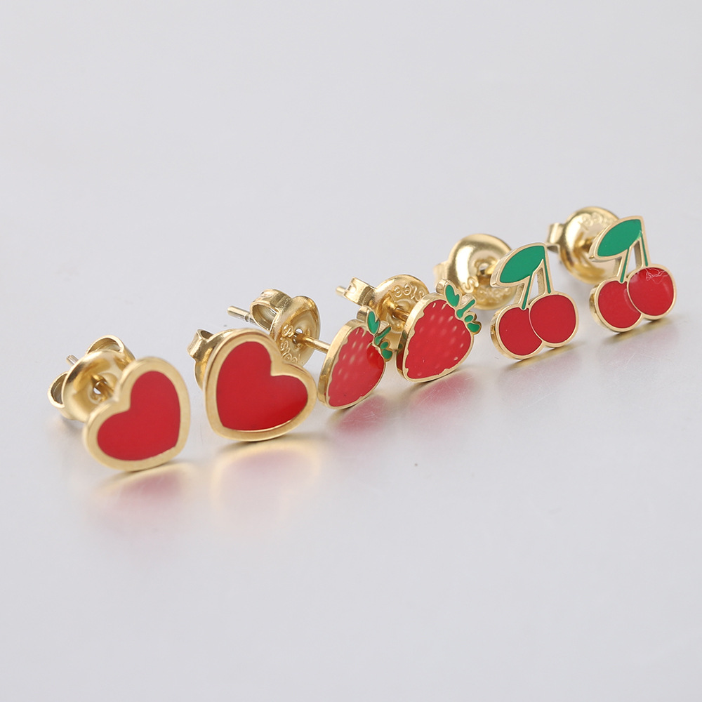 1 Pair Quantity 1 Pair Simple Style Cherry Heart Shape Strawberry Enamel Titanium Steel Ear Studs
