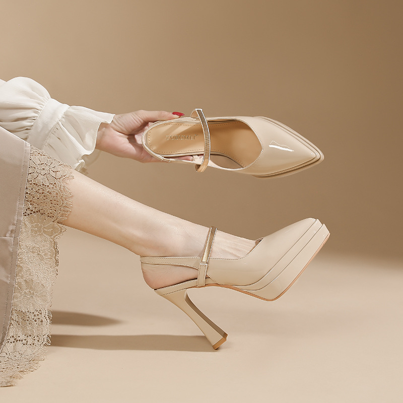 Sandal cao gót nữ mũi nhọn quai ngang gót 11 cm đế platform — Màu nude - 11cm