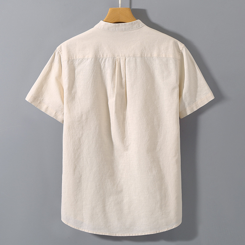 Camicia di lino da uomo sottile camicia a maniche corte ampia camicia estiva in cotone lino stile cinese da uomo casual con colletto rialzato_voghion.com
