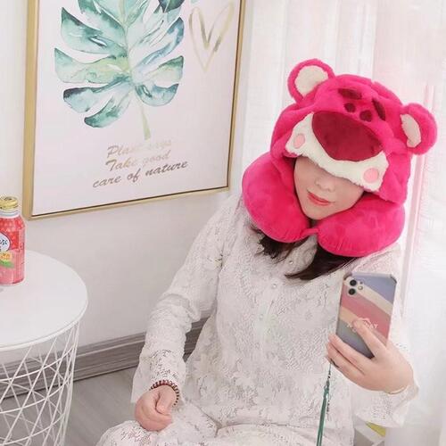 Cute Kuromi Strawberry Bear Multifunctional Hooded U-shaped Car Pillow Blackout PP Cotton Travel Aircraft Nap Neck Pillow