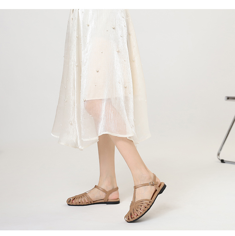 Hollowed Out Closed Toe T Strap Flat Sandals Beach Travel Shoes_voghion.com