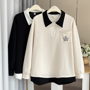 100kg Fat mm Spring New Plus Size Women's Age Reduction Contrast Color College Style Sweatshirt Casual Fake Two-Piece Top 5953