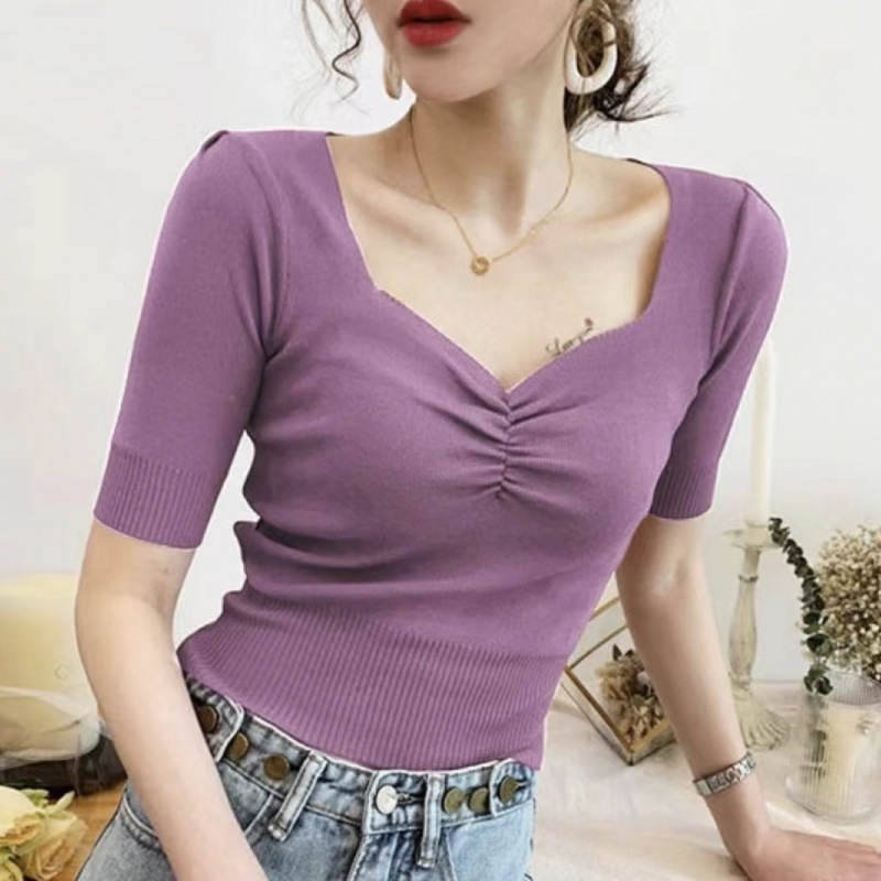 French SD sweet and cool V-neck ruched knit top with puff sleeves and waist-cinching short design, slight imperfections