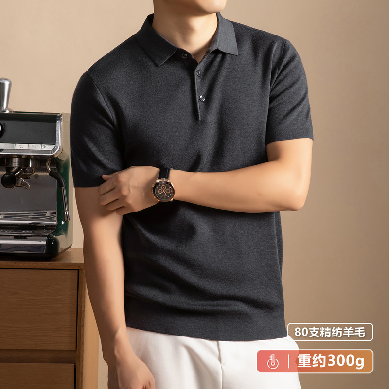 80-Count Fine-Spun Wool Sweater for Men, Short-Sleeved, Turn-Down Collar, Thick Style for Spring and Autumn, Suitable for Middle-Aged Business Casual Wear