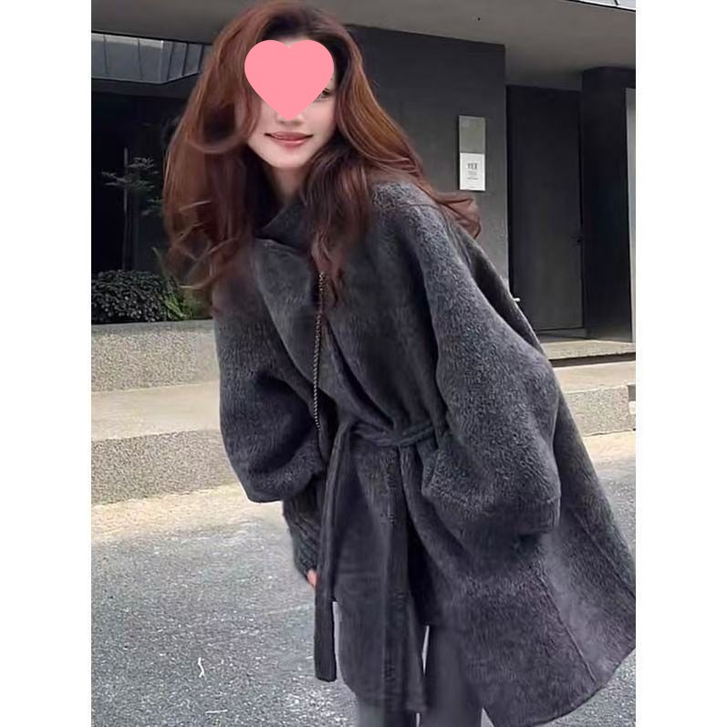 秋冬新款气质毛线袖中长款双面大衣系带羊毛宽松立领外套
