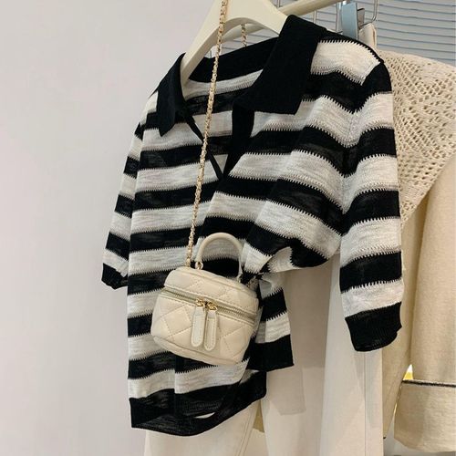 Polo Striped Regular Shoulder Short-Sleeve T-Shirt for Women - Summer 2025 Design-Oriented Unique Slimming Short Top