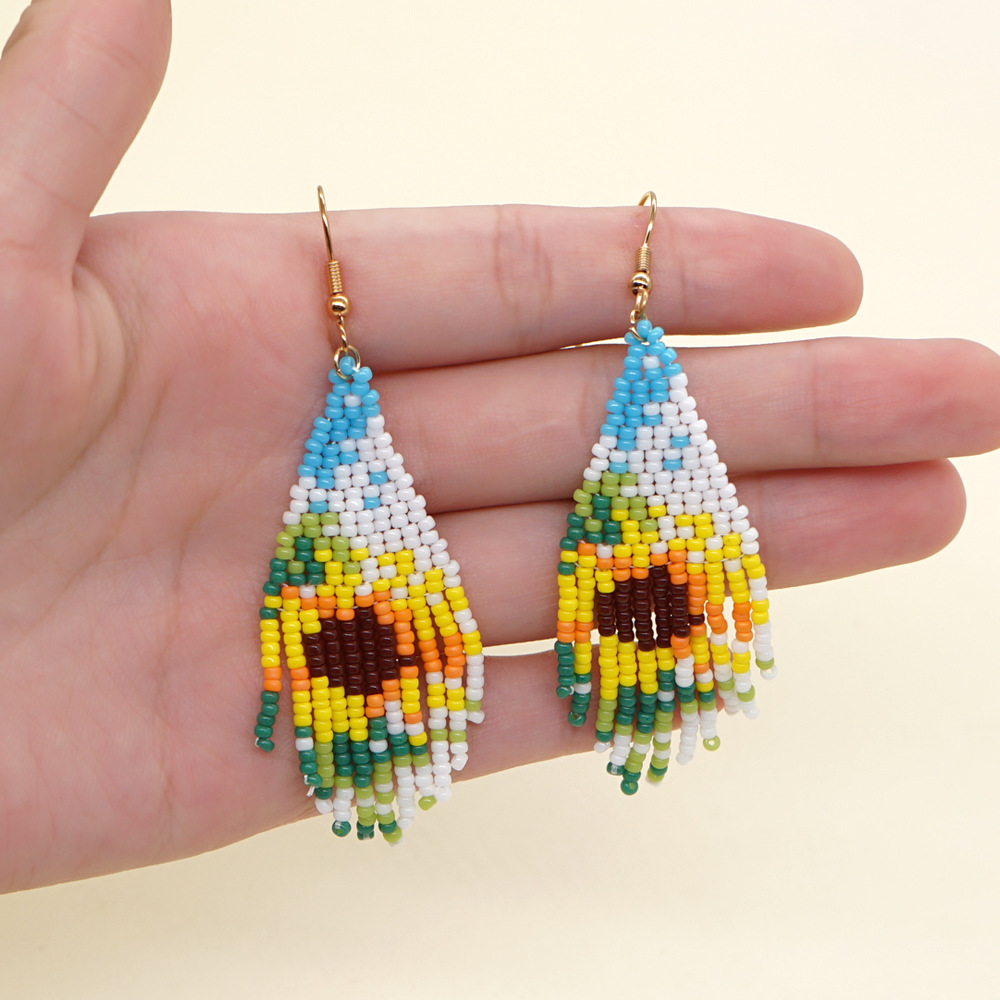 Retro Sunflower Glass Beaded Tassel Women's Drop Earrings 1 Pair display picture 2