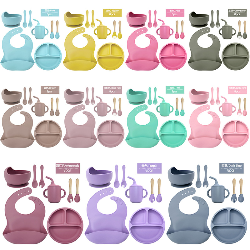 Juego de vajilla de silicona para niños, tazón de alimentos suplementarios, cuchara de silicona para bebé, tazón de silicona, vajilla de silicona, juego de ocho piezas de grado alimenticio