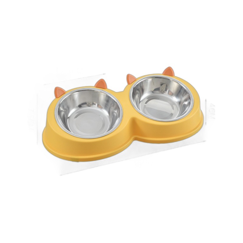 Nuevo tazón para mascotas de acero inoxidable con orejas de gato, tazón doble, anti-volcado, lavabo para perros, perros y gatos, agua potable universal para gatos, tazón para gatos