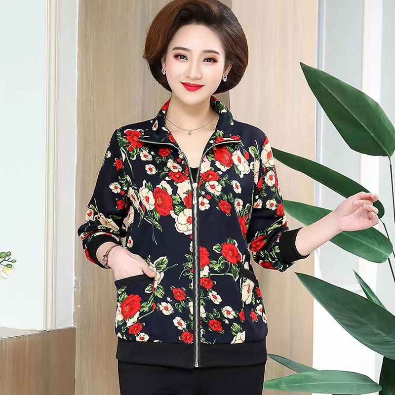 2024 new middle-aged mom spring and autumn clothing jacket thin middle-aged and elderly women's jacket long sleeve loose top batch