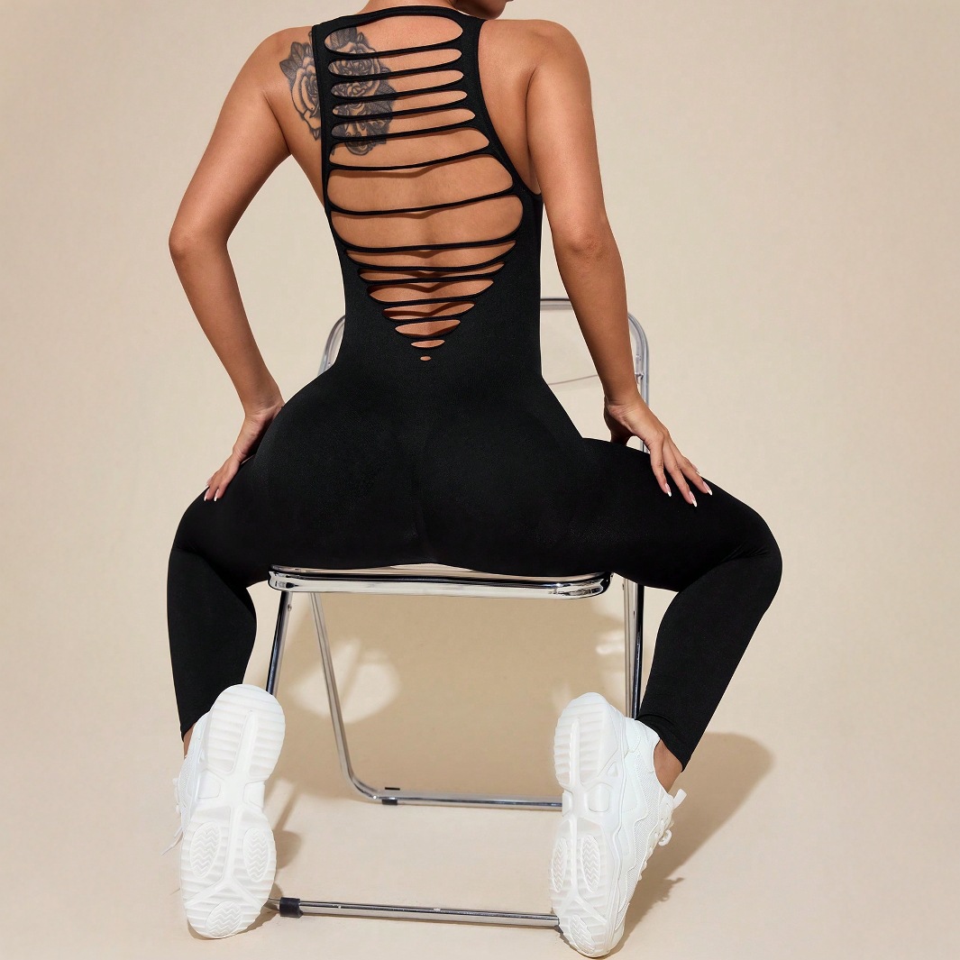 European and American Cross-border Explosions Moisture Absorption and Sweat-wicking Seamless Backless High Elastic Tight Yoga Suit Sports Fitness Bodysuit for Women