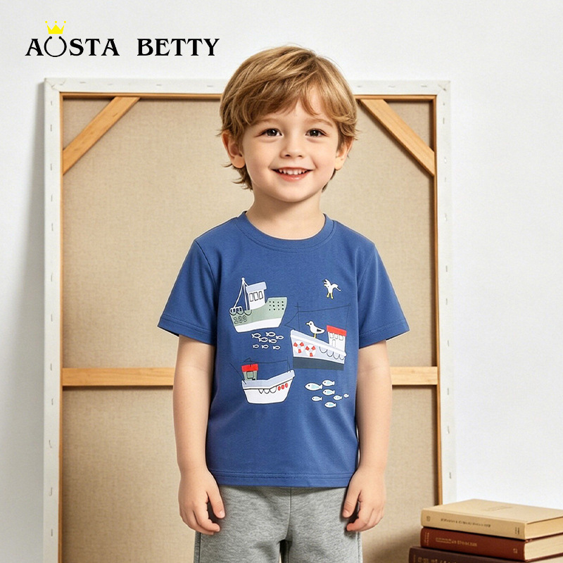 European and American style boys' short-sleeved t-shirt, new summer style, cartoon print, baby top, knitted cotton, fashionable children's t-shirt