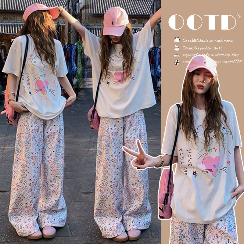 2026 Summer New Style Pure Cotton T-Shirt Short Sleeve Thin Graffiti Maternity Pants Casual Maternity Two-Piece Set 2026 Summer New Style Pure Cotton T-Shirt Short Sleeve Thin Graffiti Maternity Pants Casual Maternity Two-Piece Set