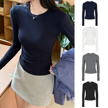 掐腰短款长袖t恤女2025秋季新款辣妹上衣正肩修身显瘦纯色打底衫