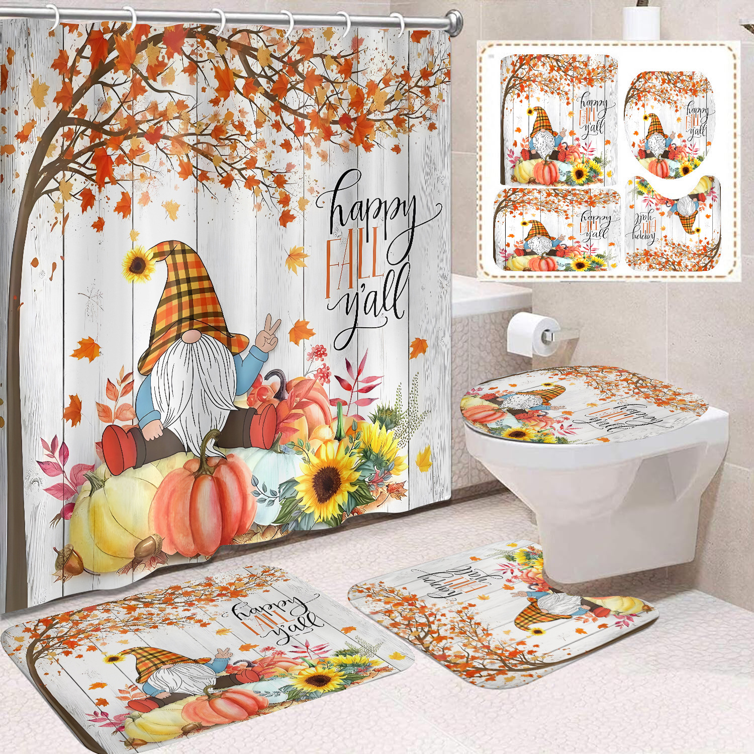 Cortina de ducha de Acción de Gracias, cosecha de otoño, serie de calabaza, cortina de ducha, cortina de baño, cortina de baño impermeable de poliéster, cortina de baño de cuatro piezas image 38