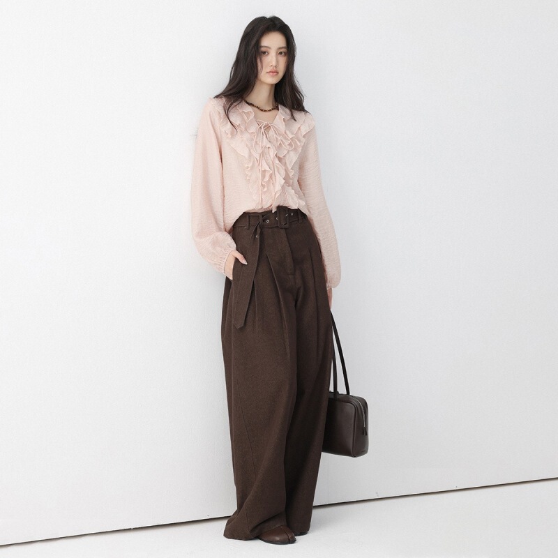 Chachastu French Early Autumn Atmosphere Pink Ruffle Top Women's Early Autumn High-End Long-Sleeved V Neck Shirt