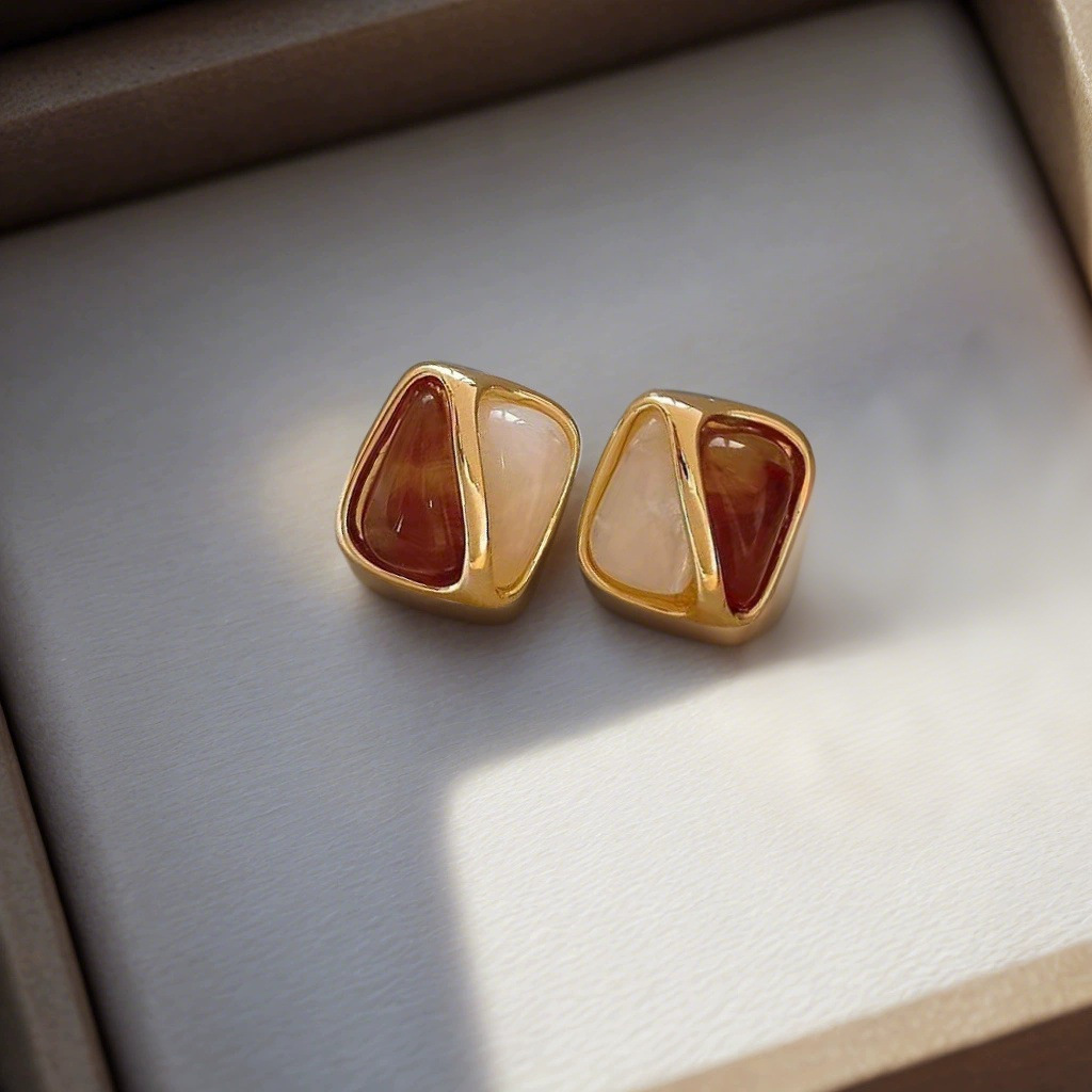 Pendientes de ojo de tigre de color de contraste de estilo retro Maillard coreano Pendientes de color café cuadrado de temperamento de diseño de nicho