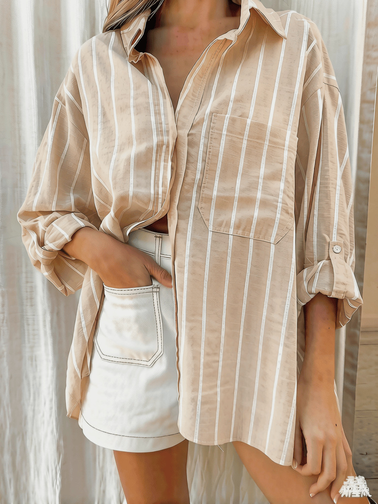 Camisa a Rayas con Cuello Polo Holgada de AliExpress para Primavera/Verano 2025, Éxito de Ventas en OZON, Manga Larga, Estilo Europeo y Americano image 5