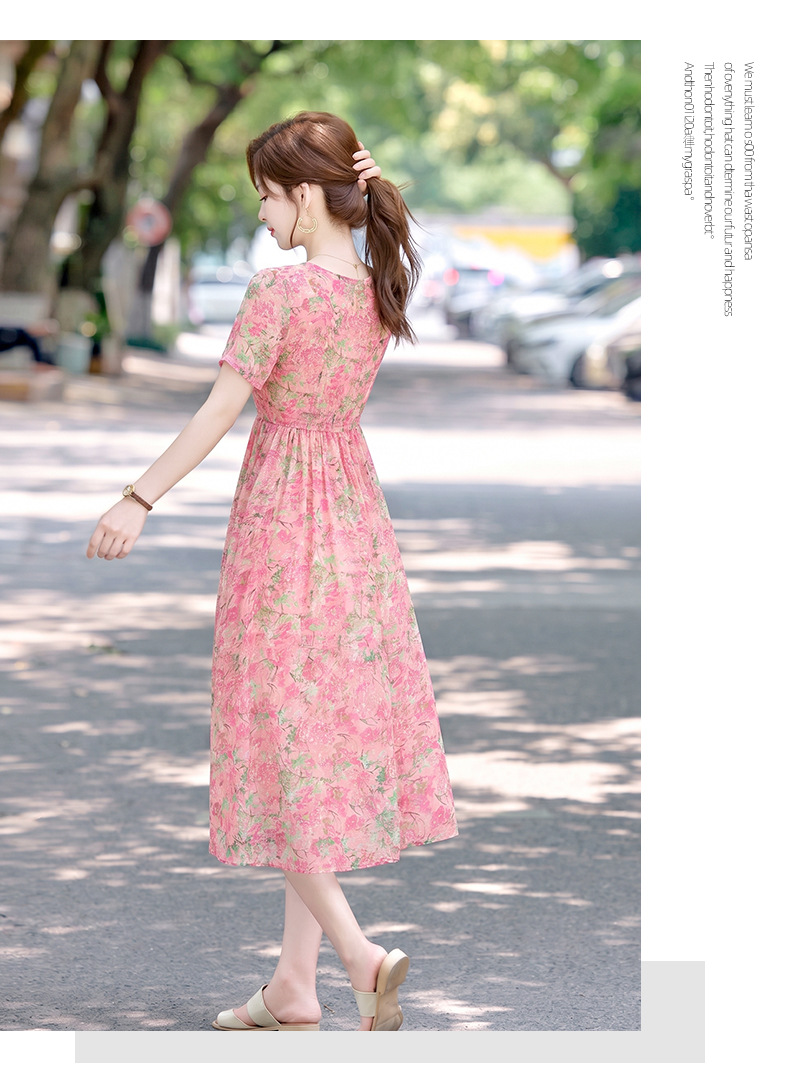 Đầm maxi nữ thắt eo họa tiết hoa nhí cổ V xếp ly tay ngắn — xanh lam, Màu hồng, màu vàng chi tiết 11