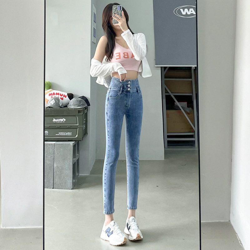 Three-Button Super High Waist Denim Pencil Pants Women's Winter New Stretch Slim-Fit Belly-Tight Cropped Pencil Pants