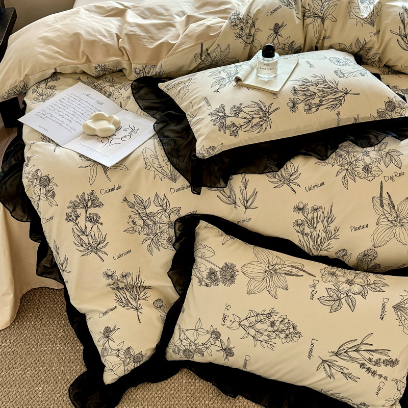 Nordic French Vintage Boho French Vintage Style Floral Skch Pure Four-piece S, 100% Cotton Bed Duv Cover, Fitted She, Three-piece Bedding_voghion.com
