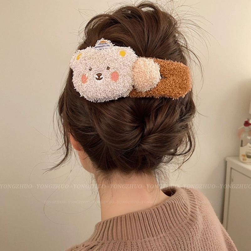 可爱毛绒小熊大号鸭嘴夹侧边刘海发夹女秋冬少女心后脑勺抓夹发饰|undefined