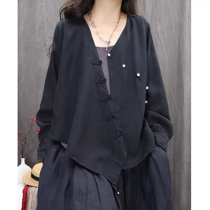 非实拍新款秋新款复古棉麻纯色斜襟休闲个性百搭文艺长袖小开衫女