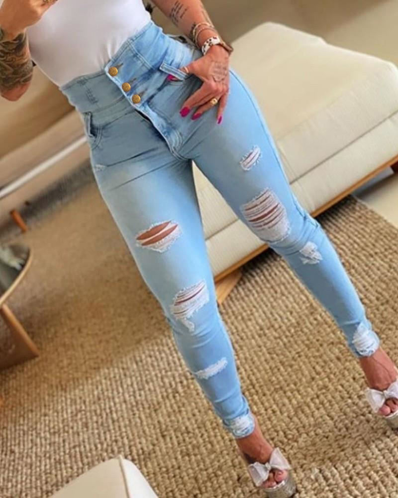 Jeans Rotos de Cintura Alta Estilo Europeo y Americano 2025, Disponibles en Fábrica, Pantalones Ajustados Modernos y Únicos para Mujer