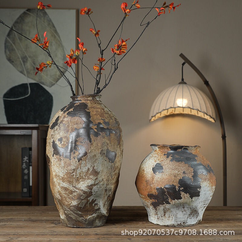 Vintage Distressed Rustic Pottery Zen Wabi-Sabi Style Vase for Dried Flowers, Ceramic Floor-Standing Ornament Flower Pot for Guesthouse Model Rooms Vintage Distressed Rustic Pottery Zen Wabi-Sabi Style Vase for Dried Flowers, Ceramic Floor-Standing Ornament Flower Pot for Guesthouse Model Rooms