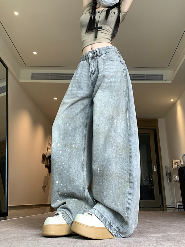 实拍！！！灰色泼墨弯刀牛仔裤男女潮牌美式街头宽松裤子东南亚棉|undefined