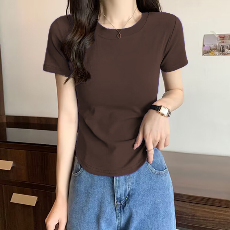 Threaded Cotton Short-sleeved Front Shoulder Crew Neck Solid Color T-shirt Women's Summer Hem Irregular Slim Versatile Top Basic_ecoleips.com