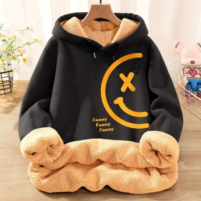 Damenbekleidung Plüsch-Sweatshirt für Herren im Herbst und Winter, dick, locker, große Lammfelljacke mit Kapuze, Oberteile für Herren_voghion.com