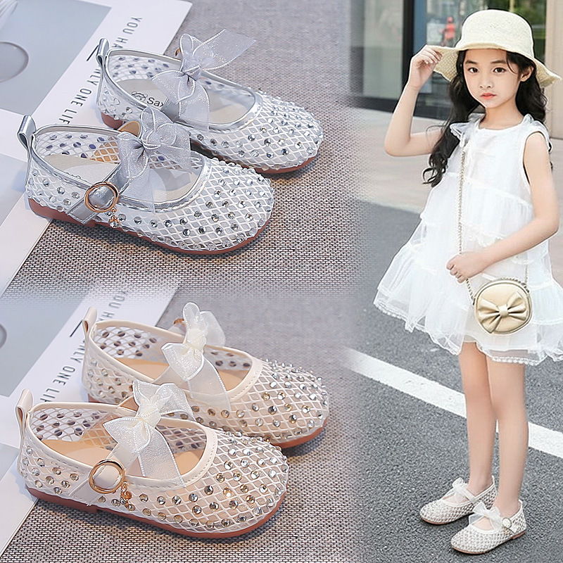 Zapatos de princesa de niñas 2026 verano nuevos zapatos de arco transpirables de malla para niños Marigold Zapatos de cuero para niños pequeños