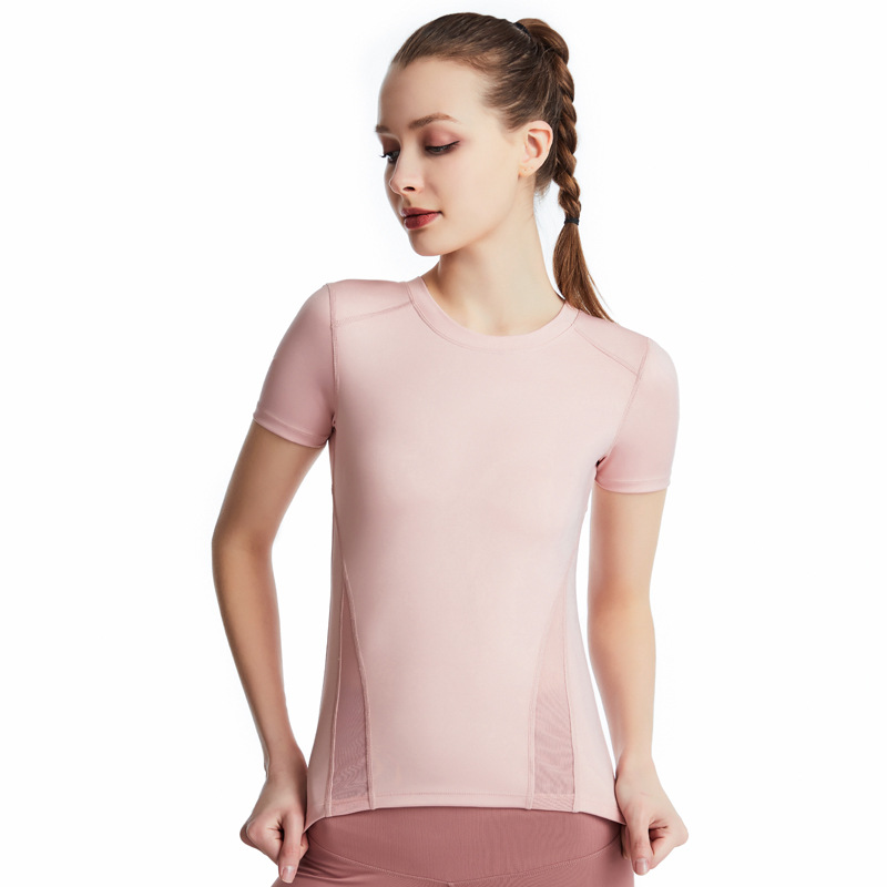 Procesamiento personalizado lulu ropa de yoga de mujer ajustada camiseta de malla de manga corta secado rápido camiseta desnuda sensación de ropa transpirable