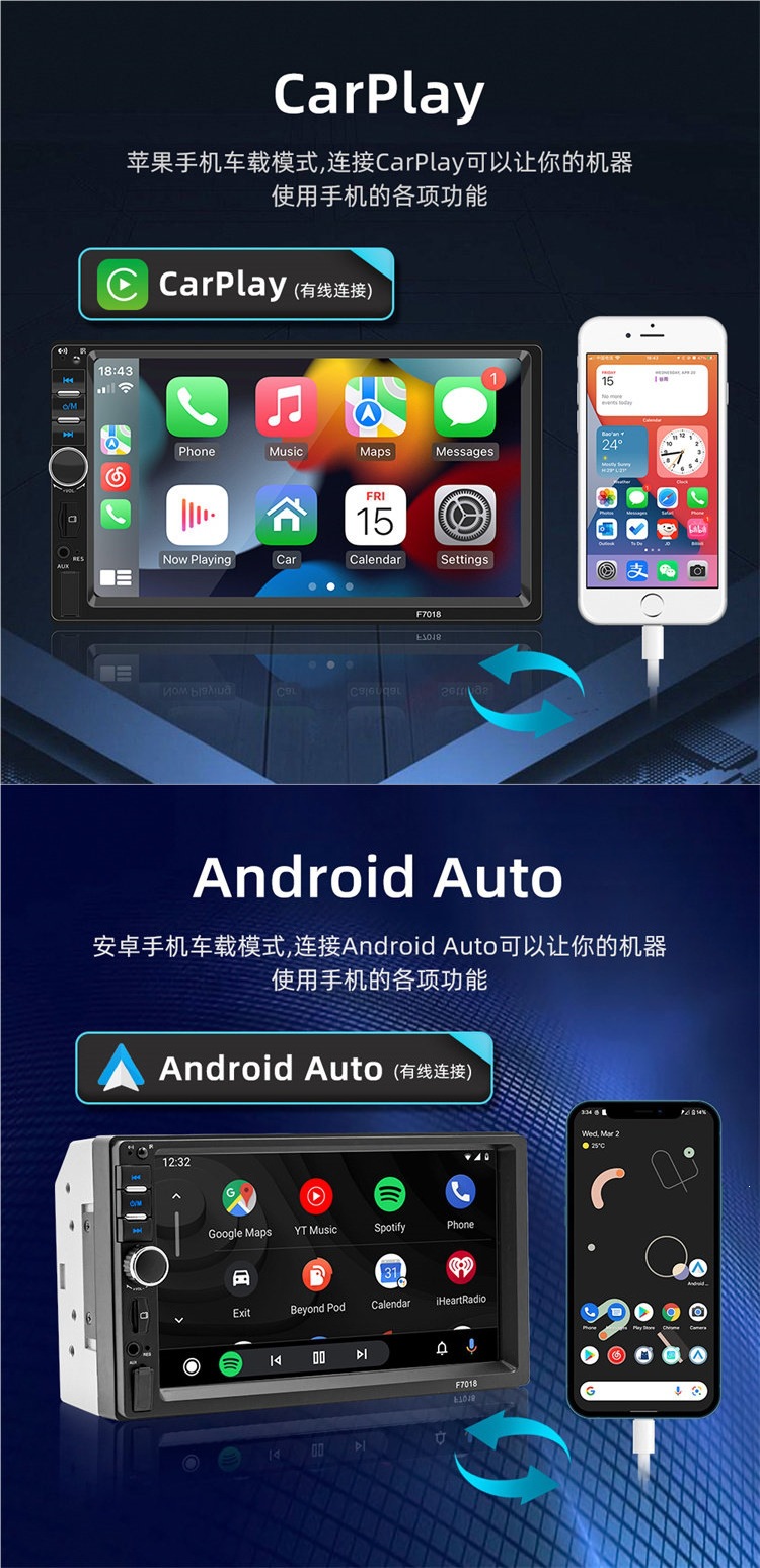 7inch Touchscreen car MP5 wireless CarPlay connected player with Bluetooth, reversing camera, and radio