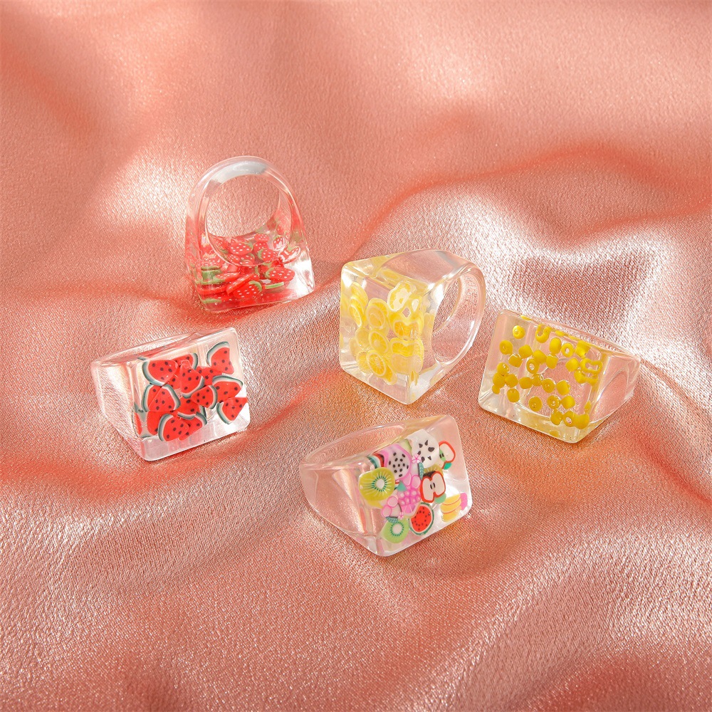 Fashion Fruit Transparent Resin Square Ring Wholesale display picture 2