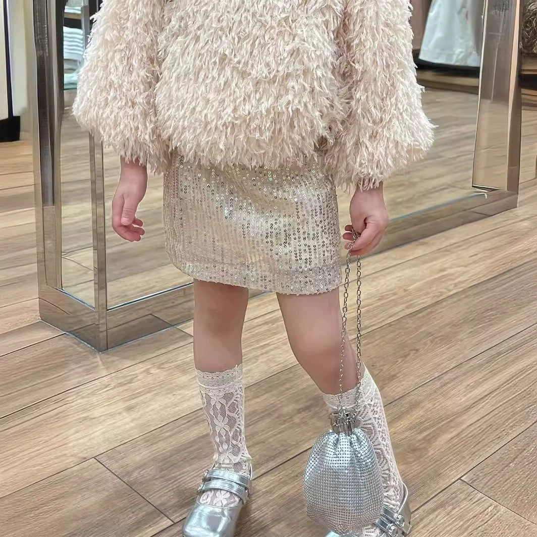 Весенне-Летний темперамент для девочек в Корейском стиле Blingbling Горячая блестящая юбка с блестками + топ из страусиных перьев