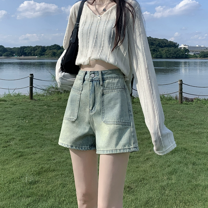 Синие ретро джинсовые шорты с высокой талией для женщин, лето 2025, новые свободные утягивающие тонкие широкие шорты трапециевидной формы