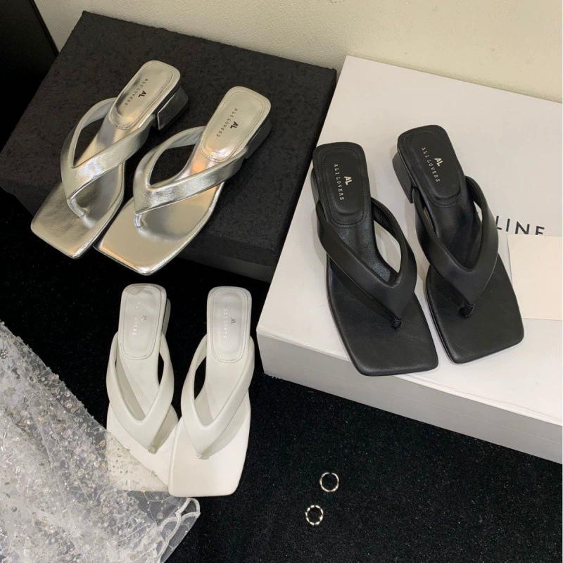 2024 весна и осень новые толстые каблуки французские квадратные шлепанцы