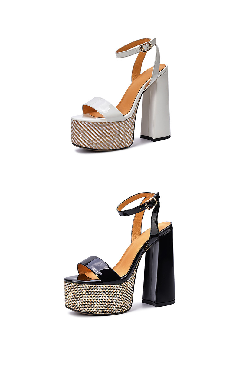 Sandal hở mũi một dây Yichuan da thật gót vuông cao 9 cm — đen chi tiết 14
