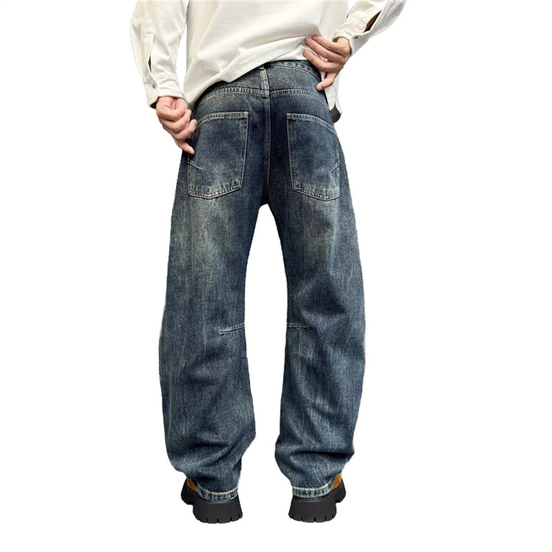 Men's Retro Patchwork Jeans Spring Autumn New American Style Versatile Cool Washed Gradient Straight Leg Curved Fit Denim_mkmklike.com