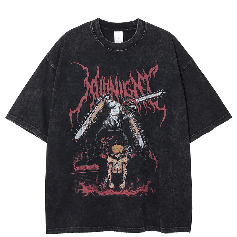 Anime motosierra camiseta de los hombres de la vendimia de los hombres lavados camiseta americana calle más tamaño camisa de los hombres calle Harajuku
