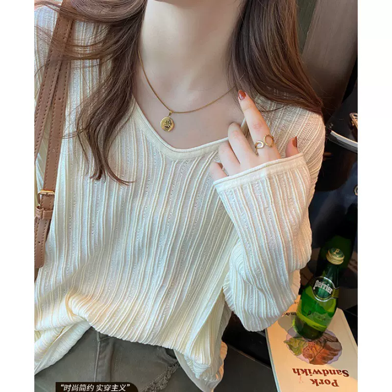 春秋新款V领针织衫女薄款打底衫内搭设计感宽松洋气毛衣长袖上衣