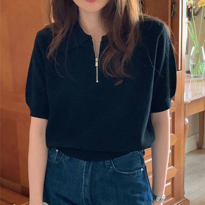 领针织衫短袖恤女夏薄款拉链翻领潮韩版别致洋气短款上衣|undefined