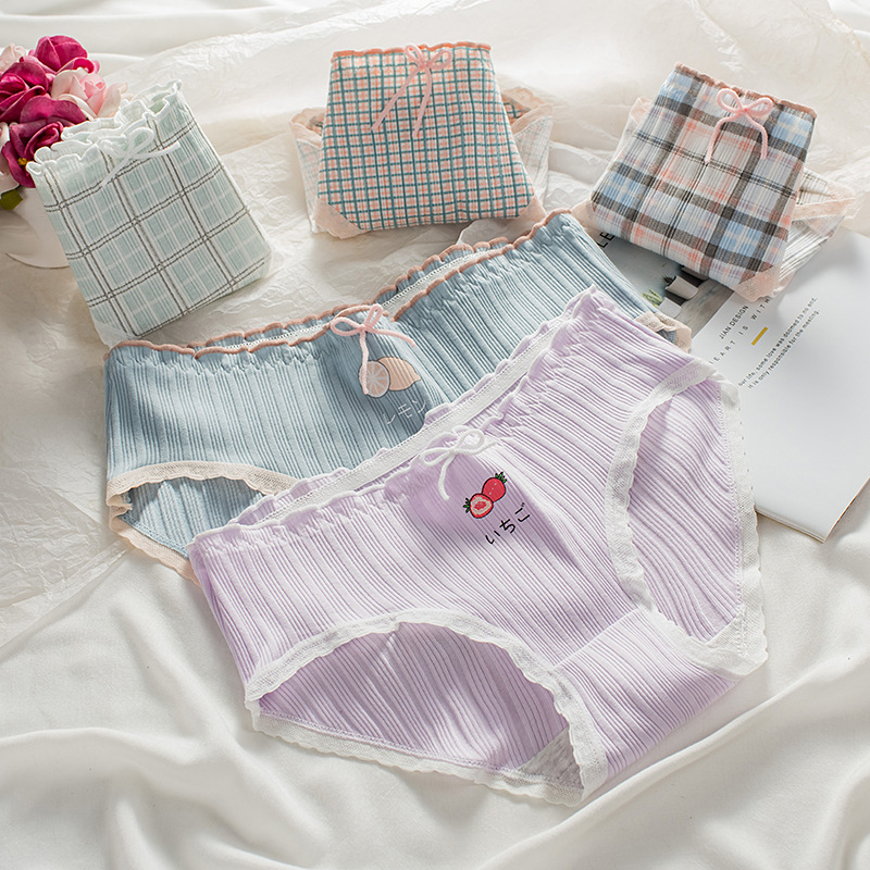 格子水果日系小清新內褲女少女內褲純棉裆中腰三角褲印花女士內褲