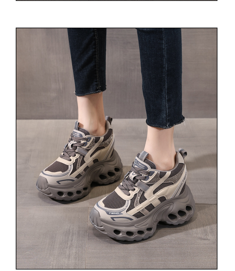Giày sneaker nữ đế dày phong cách bố bỉm lỗ thoáng khí, tăng chiều cao 12 cm — màu nâu chi tiết 13