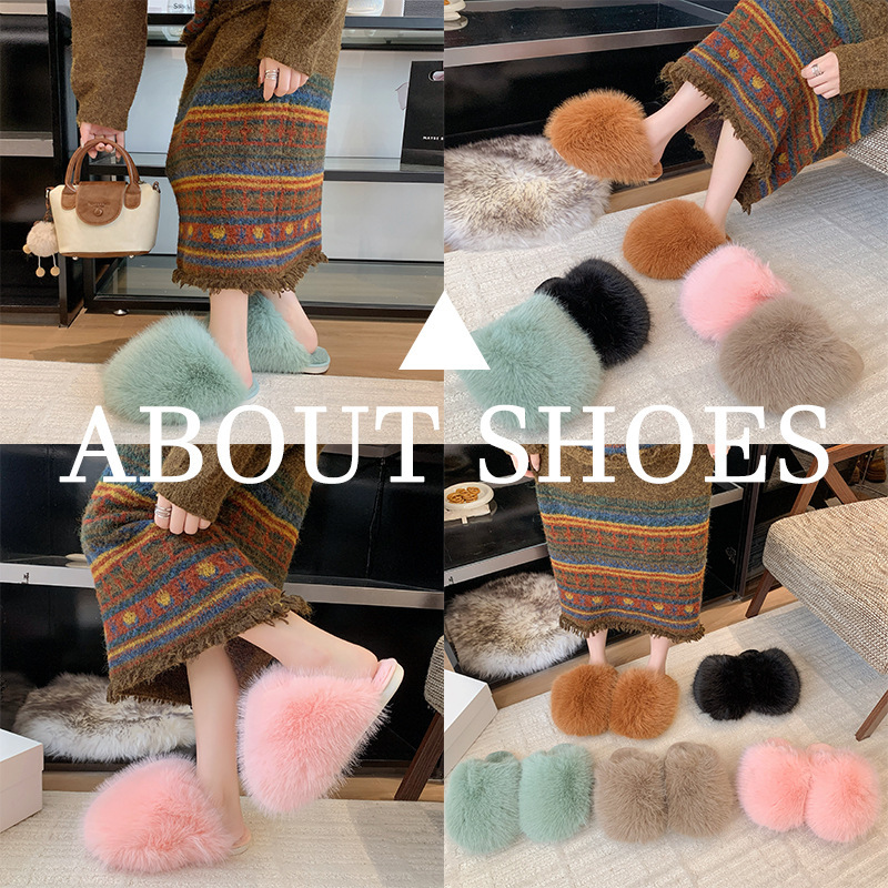 Fluffy Fur Slippers for Women, Autumn and Winter Fashion, Multi-Color, Large Size, New Flat Closed-Toe Warm Cotton Slippers